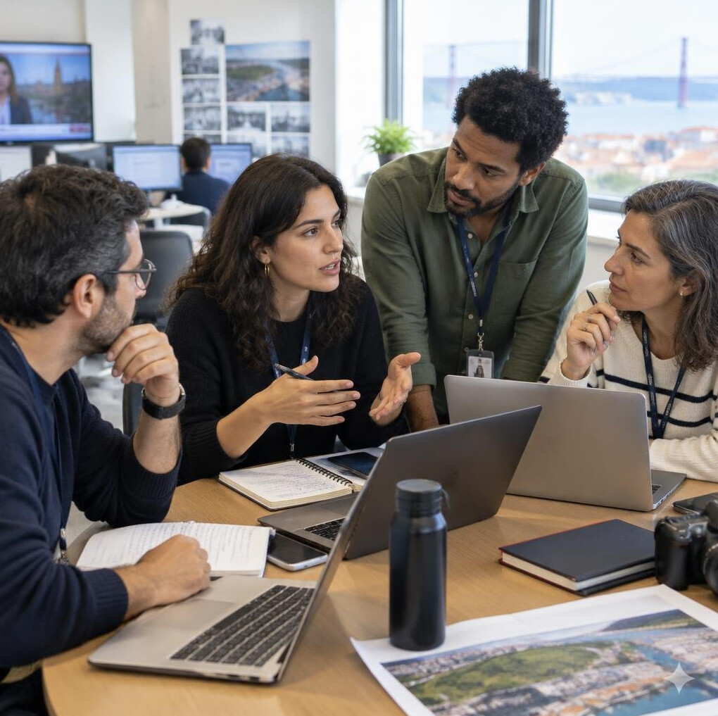 Editorial team meeting around a table with laptops